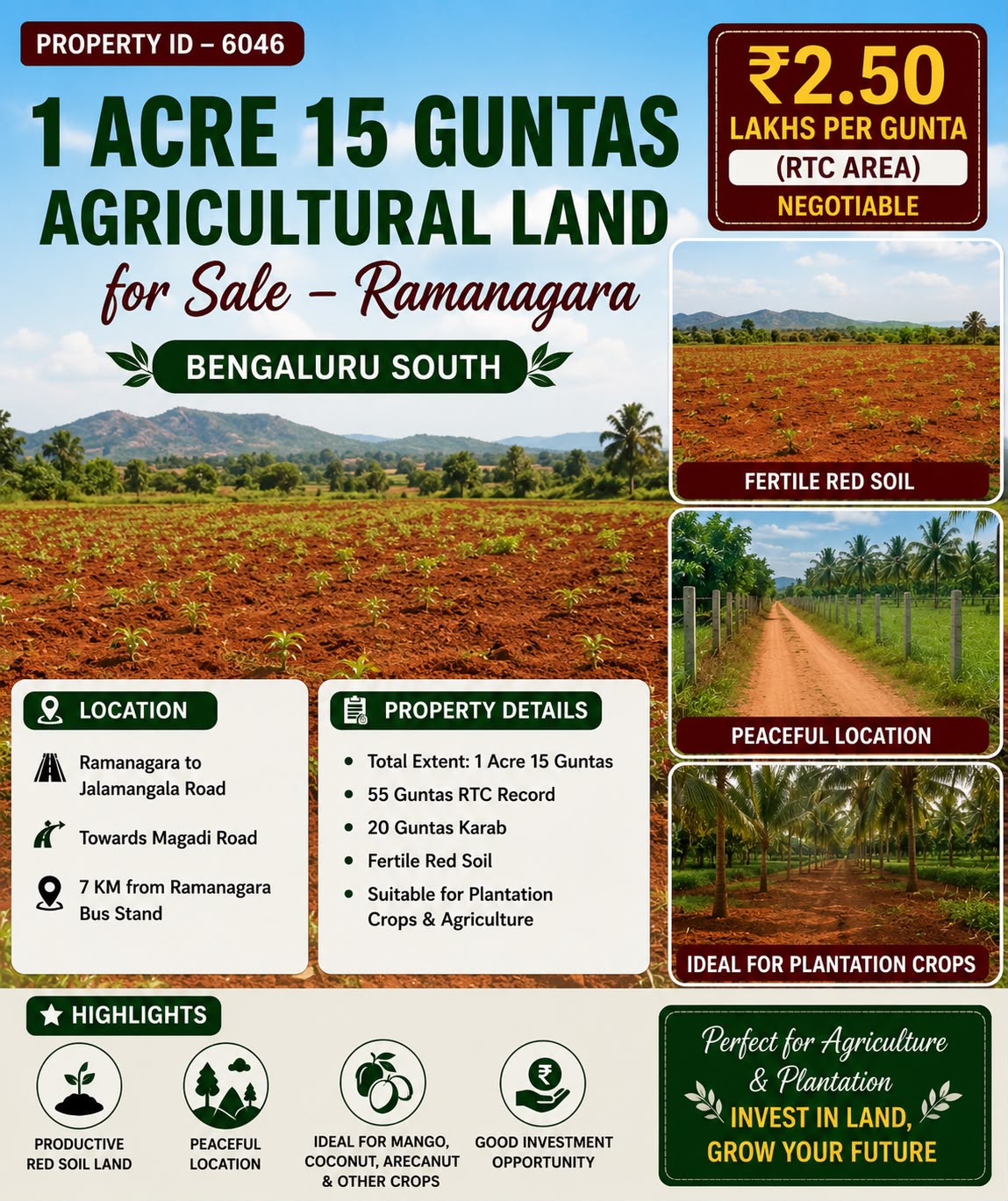 🆔 *PROPERTY ID – 6046* 🌾 *1 Acre 15 Guntas Agricultural Land for Sale – Ramanagara